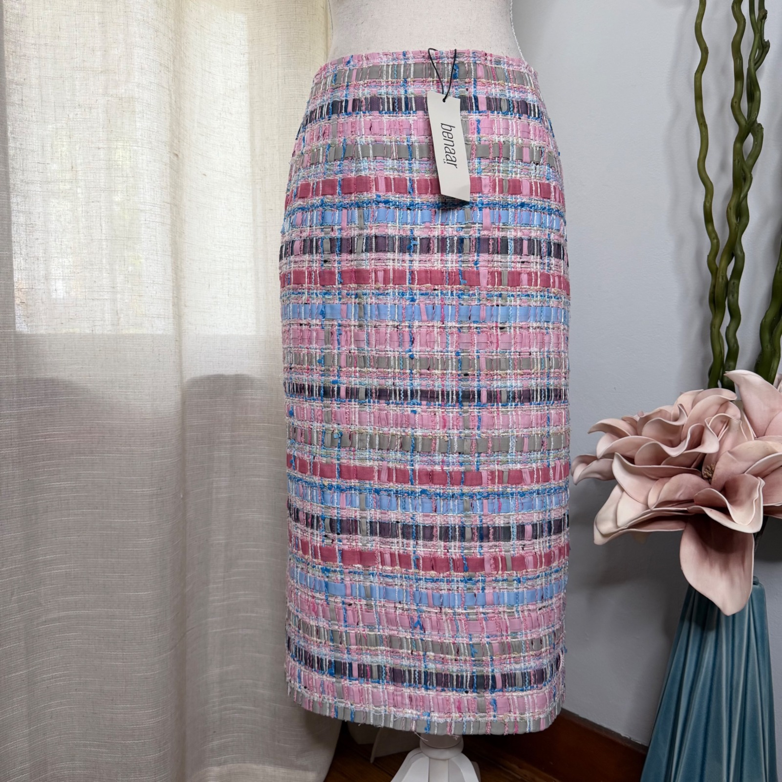 Nwt Benaar La Tweed Fringe Midi Skirt Rhinestones Pink Blue Women's Size 6 — image 2 of 8